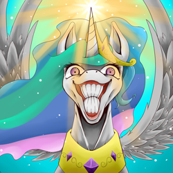 Size: 1500x1500 | Tagged: safe, artist:aerostoner, character:princess celestia, species:alicorn, species:pony, bust, creepy, crepuscular rays, dimples, faec, female, flehmen response, glowing horn, grin, hoers, horses doing horse things, imminent death, jesus christ how horrifying, looking at you, mare, nightmare fuel, nope, slasher smile, smiling, solo, spread wings, sun, toothy grin, wat, where is your god now?, wide eyes, wings