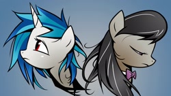 Size: 1920x1080 | Tagged: safe, artist:yikomega, edit, character:dj pon-3, character:octavia melody, character:vinyl scratch, species:earth pony, species:pony, species:unicorn, g4, 16:9, 1920x1080, bow tie, color edit, colored, duo, duo female, female, first dj pon-3 picture, first octavia picture, first vinyl scratch picture, frown, gimp, gradient background, horn, looking down, looking up, mare, messy mane, missing accessory, no glasses, one of the first, red eyes, sad, wallpaper