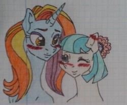 Size: 1039x863 | Tagged: safe, artist:tejedora, character:coco pommel, character:sassy saddles, species:pony, ship:cocosaddles, blushing, female, graph paper, lesbian, lined paper, mare, shipping, traditional art
