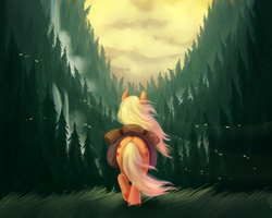 Size: 1250x1000 | Tagged: safe, artist:bugiling, character:applejack, species:earth pony, species:pony, applebutt, both cutie marks, clothing, female, forest, grass, hat, hatless, looking away, mare, missing accessory, plot, rainbow waterfall, saddle bag, scenery, solo, tree, waterfall, windswept mane