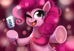 Size: 1450x1000 | Tagged: safe, artist:bugiling, character:pinkie pie, cute, diapinkes, female, frog (hoof), microphone, one eye closed, open mouth, singing, solo, starry eyes, underhoof, wingding eyes, wink