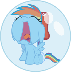 Size: 6345x6396 | Tagged: safe, artist:fineprint-mlp, character:rainbow dash, species:pegasus, species:pony, absurd resolution, alpha channel, baby, baby dash, baby mario, baby pony, bubble, cap, clothing, crossover, crying, cute, dashabetes, diaper, female, filly, foal, hat, mario hat, mario's hat, simple background, solo, spread wings, super mario bros., transparent background, vector, wings, yoshi's island, younger