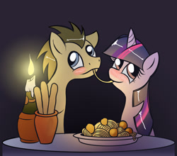 Size: 1024x902 | Tagged: safe, artist:cybertoaster, character:doctor whooves, character:time turner, character:twilight sparkle, species:pony, blushing, candle, crossover, doctwi, food, imminent kissing, lady and the tramp, male, pasta, shipping, spaghetti, spaghetti scene, stallion, straight