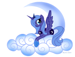 Size: 1657x1250 | Tagged: safe, artist:mlpazureglow, character:princess luna, species:alicorn, species:pony, g4, cloud, cutie mark, female, jewelry, lying on a cloud, mare, moon, on a cloud, prone, regalia, s1 luna, simple background, solo, spread wings, tiara, transparent background, wings