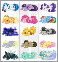 Size: 1100x1161 | Tagged: safe, artist:keyfeathers, character:applejack, character:derpy hooves, character:dj pon-3, character:doctor whooves, character:fluttershy, character:lyra heartstrings, character:octavia melody, character:pinkie pie, character:princess celestia, character:princess luna, character:queen chrysalis, character:rainbow dash, character:rarity, character:time turner, character:twilight sparkle, character:twilight sparkle (alicorn), character:vinyl scratch, species:alicorn, species:pony, chocobo, crossover, cute, cutealis, cutelestia, dashabetes, derpabetes, diapinkes, doctorbetes, eyes closed, final fantasy, floppy ears, jackabetes, lunabetes, lyrabetes, one of these things is not like the others, prone, raribetes, shyabetes, sleeping, smiling, tavibetes, twiabetes, vinylbetes, watermark