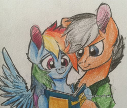Size: 2277x1950 | Tagged: safe, artist:snowfoxythefox, character:quibble pants, character:rainbow dash, ship:quibbledash, episode:stranger than fanfiction, g4, my little pony: friendship is magic, cute, female, male, reading, reading rainboom, shipping, straight, traditional art