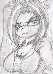 Size: 738x1012 | Tagged: safe, artist:mhedgehog21, part of a set, character:aria blaze, species:anthro, breasts, busty aria blaze, equestria girls outfit, female, frown, grayscale, monochrome, solo, traditional art