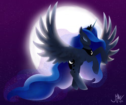 Size: 1024x853 | Tagged: safe, artist:creamy_roux, character:princess luna, species:alicorn, species:pony, eyes closed, female, flying, jewelry, mare, moon, night, regalia, signature, sky, solo, spread wings, stars, wings