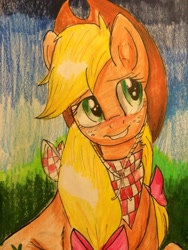 Size: 2448x3264 | Tagged: safe, artist:snowfoxythefox, derpibooru original, character:applejack, accessories, alternate hairstyle, bandana, blushing, bow, chest fluff, clothing, colored, colored pencil drawing, colored sketch, cowboy hat, female, hat, lip bite, looking up, pen drawing, pencil, pencil drawing, solo, traditional art
