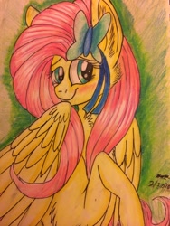 Size: 2448x3264 | Tagged: safe, artist:snowfoxythefox, derpibooru original, character:fluttershy, accessories, blushing, butterfly, chest fluff, colored, colored pencil drawing, colored sketch, cute, female, hiding behind mane, pencil, pencil drawing, shyabetes, simple background, solo, traditional art