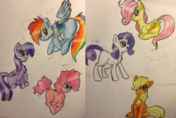 Size: 2708x1825 | Tagged: safe, artist:snowfoxythefox, character:applejack, character:fluttershy, character:pinkie pie, character:rainbow dash, character:rarity, character:twilight sparkle, character:twilight sparkle (alicorn), species:alicorn, species:pony, chest fluff, colored, colored pencil drawing, colored sketch, cute, dashabetes, episode idea, fail, filly, filly applejack, filly fluttershy, filly pinkie pie, filly rainbow dash, filly rarity, filly twilight sparkle, flying, happy, jumping, looking up, lying down, mane six, pencil, pencil drawing, shyabetes, simple background, sitting, sketch, sketch dump, smiling, traditional art, twiabetes, young, younger