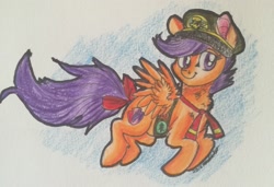 Size: 2348x1609 | Tagged: safe, artist:snowfoxythefox, character:scootaloo, episode:28 pranks later, g4, my little pony: friendship is magic, badge, clothing, colored, colored pencil drawing, colored sketch, cute, cutealoo, cutie mark, female, filly, filly scouts, hat, jumping, pencil, pencil drawing, ribbon, sash, scootalove, simple background, small wings, smiling, solo, tail bow, the cmc's cutie marks, traditional art, uniform