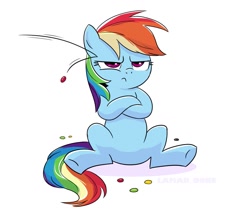 Size: 1360x1176 | Tagged: safe, artist:lamar_bone, derpibooru original, character:rainbow dash, annoyed, candy, crossed arms, female, food, frown, rainbow dash is not amused, simple background, sitting, skittles, solo, unamused, underhoof, white background