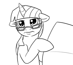 Size: 631x564 | Tagged: safe, artist:c0nker, character:twilight sparkle, species:pony, species:unicorn, black and white, female, floppy ears, glasses, grayscale, implied facehoof, implied facepalm, mare, monochrome, newspaper, parody, reaction image, simple background, solo, tommy lee jones, twilight is not amused, white background