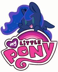 Size: 720x888 | Tagged: safe, artist:leone di cielo, edit, character:princess luna, chibi, cute, female, happy, lunabetes, magic, my little pony logo, needs more jpeg, simple background, smiling, solo, style emulation, waving, white background