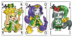 Size: 3071x1585 | Tagged: safe, artist:dedonnerwolke, character:applejack, character:marble pie, character:rarity, species:anthro, card, clothing, jack, king, playing card, queen