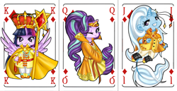 Size: 1024x529 | Tagged: safe, artist:dedonnerwolke, character:starlight glimmer, character:trixie, character:twilight sparkle, character:twilight sparkle (alicorn), species:alicorn, species:anthro, species:pony, card, clothing, jack, king, playing card, queen
