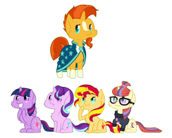 Size: 1000x800 | Tagged: safe, artist:dedonnerwolke, character:moondancer, character:starlight glimmer, character:sunburst, character:sunset shimmer, character:twilight sparkle, character:twilight sparkle (alicorn), species:alicorn, species:pony, species:unicorn, ship:shimmerburst, ship:starburst, ship:sundancer, ship:twiburst, chest fluff, chibi, fluffy, harem, male, shipping, simple background, straight, sunburst gets all the mares, transparent background, twilight's counterparts