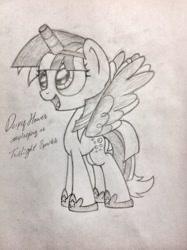 Size: 1936x2592 | Tagged: safe, artist:squeaky-belle, character:derpy hooves, character:twilight sparkle, character:twilight sparkle (alicorn), species:alicorn, species:pony, newbie artist training grounds, alicorn costume, clothing, cosplay, costume, fake horn, fake wings, monochrome, nightmare night costume, paper-thin disguise, toilet paper roll, toilet paper roll horn, traditional art, twilight muffins, wig