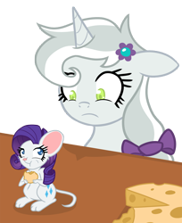 Size: 1200x1468 | Tagged: safe, artist:he4rtofcourage, character:opalescence, character:rarity, species:pony, species:unicorn, cheese, female, mare, mouse, mousified, ponified, ponified pony pets, rarimouse, species swap