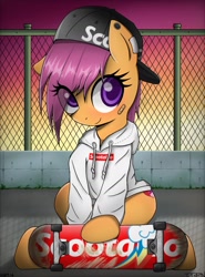 Size: 1221x1648 | Tagged: safe, artist:doriponi, artist:yorozpony, character:scootaloo, species:pegasus, species:pony, g4, backwards ballcap, bandaid, clothing, cute, cutealoo, cutie mark, eyelashes, female, fence, filly, foal, hat, hoodie, hype beast, skateboard, skaterloo, smiling, solo, supreme, sweater, the cmc's cutie marks