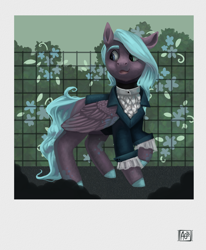 Size: 2362x2861 | Tagged: safe, artist:domidelance, oc, oc only, species:pegasus, species:pony, clothing, colored hooves, garden, ruffled shirt, solo, spots, suit, victorian