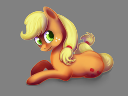 Size: 2000x1500 | Tagged: safe, artist:bugiling, character:applejack, female, hatless, looking at you, missing accessory, prone, solo