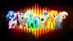 Size: 1920x1080 | Tagged: dead source, safe, artist:episkopi, character:bon bon, character:carrot top, character:derpy hooves, character:dj pon-3, character:golden harvest, character:lyra heartstrings, character:octavia melody, character:sweetie drops, character:vinyl scratch, species:earth pony, species:pegasus, species:pony, species:unicorn, background six, female, mare, scrunchy face, wallpaper