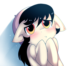 Size: 984x881 | Tagged: safe, artist:meewin, oc, oc only, oc:moon brush, species:earth pony, species:pony, beret, blushing, crying, floppy ears, hooves to the chest, pouting, puppy dog eyes, solo, teary eyes