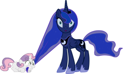 Size: 4973x2975 | Tagged: safe, artist:m99moron, character:princess luna, character:sweetie belle, species:alicorn, species:pony, species:unicorn, duo, ethereal mane, female, filly, galaxy mane, hair pulling, mare, mouth hold, simple background, transparent background, vector