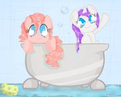 Size: 1500x1200 | Tagged: safe, artist:strabarybrick, character:pinkie pie, character:rarity, species:earth pony, species:pony, species:unicorn, bathtub, bubble, cute, diapinkes, female, leaning, looking at you, mare, smiling, sponge, waving, wet, wet mane