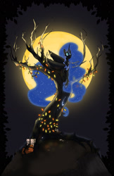 Size: 1280x1978 | Tagged: safe, artist:assassin-or-shadow, character:nightmare moon, character:princess luna, christmas lights, female, moon, night, present, prone, solo, tree, watermark