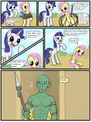 Size: 1280x1707 | Tagged: safe, artist:fimflamfilosophy, character:fluttershy, character:rarity, abuse, cartoon, comic, dialogue, fluttershyfriday, goblin, rope, spear, stake, tied up, weapon