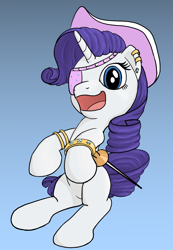 Size: 924x1336 | Tagged: safe, artist:fimflamfilosophy, character:rarity, clothing, eyepatch, female, hat, jewelry, pirate, pirate hat, rapier, solo, sword, weapon