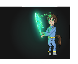 Size: 3176x2629 | Tagged: safe, artist:awesometheweirdo, oc, oc only, oc:sharp shot, parent:oc:littlepip, satyr, species:pony, fallout equestria, aura, bipedal, crossover, fallout, offspring, solo, sword, weapon