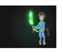 Size: 3176x2629 | Tagged: safe, artist:awesometheweirdo, edit, oc, oc only, oc:sharp shot, parent:oc:littlepip, satyr, species:pony, fallout equestria, bipedal, crossover, fallout, fire, offspring, solo, sword, weapon