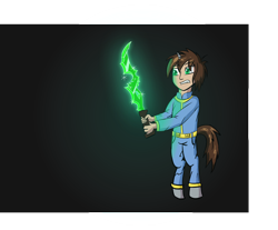 Size: 3176x2629 | Tagged: safe, artist:awesometheweirdo, edit, oc, oc only, oc:sharp shot, parent:oc:littlepip, satyr, species:pony, fallout equestria, bipedal, crossover, edited edit, fallout, kremvh's tooth, offspring, solo, sword, weapon