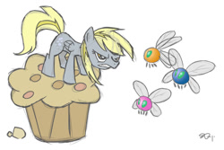 Size: 900x600 | Tagged: safe, artist:yikomega, character:derpy hooves, species:pegasus, species:pony, female, giant muffin, mare, muffin, parasprite, protecting, simple background, that pony sure does love muffins, white background