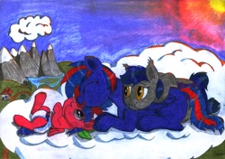 Size: 3475x2442 | Tagged: safe, artist:saxpony, oc, oc only, oc:blue mane, oc:noobsie, oc:tesla drive, species:bat pony, species:pegasus, species:pony, cloud, cute, diaper, female, filly, foal, mare, traditional art