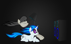 Size: 1920x1200 | Tagged: safe, artist:kurokaji11, character:dj pon-3, character:octavia melody, character:vinyl scratch, species:earth pony, species:pony, species:unicorn, abstract background, chair, eyes closed, female, lamp, mare, maxell, parody, prone, sitting, speakers, wallpaper, windswept mane