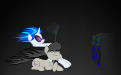 Size: 1920x1200 | Tagged: safe, artist:kurokaji11, character:dj pon-3, character:octavia melody, character:vinyl scratch, species:earth pony, species:pony, species:unicorn, ship:scratchtavia, abstract background, chair, eyes closed, female, lamp, lesbian, mare, maxell, parody, prone, shipping, sitting, speakers, wallpaper, windswept mane