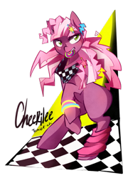 Size: 505x700 | Tagged: dead source, safe, artist:tomoe-chi, character:cheerilee, species:earth pony, species:pony, 80s, 80s cheerilee, candy, female, food, mare, rearing, solo
