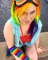 Size: 1213x1512 | Tagged: safe, artist:alvrexadpot, character:rainbow dash, species:human, arm warmers, bandage, clothing, cosplay, costume, goggles, hoodie, irl, irl human, nekocon, photo, solo, tail, water, wig