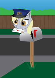 Size: 2480x3508 | Tagged: safe, artist:e-49, character:derpy hooves, species:pegasus, species:pony, derpy inside a mailbox, female, fence, grass, mail, mailbox, mare, postman's hat, solo, vector
