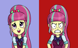 Size: 1100x680 | Tagged: safe, artist:artattax, character:sour sweet, equestria girls:friendship games, g4, my little pony: equestria girls, my little pony:equestria girls, angry, blushing, frown, glare, gritted teeth, open mouth, simple background, smiling, sour rage, sour sweet is not amused, sourdere, tsundere, unamused, wide eyes