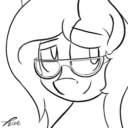 Size: 500x500 | Tagged: safe, artist:platenjack, oc, oc only, species:pony, black and white, bust, female, glasses, grayscale, lidded eyes, looking sideways, mare, monochrome, portrait, simple background, sketch, smiling, solo, white background