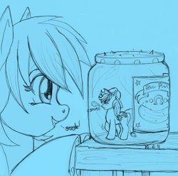 Size: 500x495 | Tagged: safe, artist:stellarina, character:applejack, character:rainbow dash, species:earth pony, species:pony, applejack is not amused, appletini, female, giggling, mare, micro, pony in a bottle, snorting, unamused