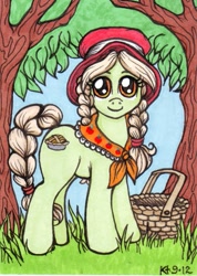 Size: 427x600 | Tagged: safe, artist:stellarina, character:granny smith, species:earth pony, species:pony, adorasmith, basket, bonnet, braid, braided tail, cute, female, mare, solo, young granny smith