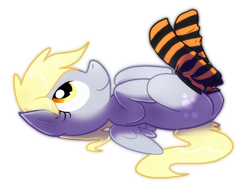 Size: 1224x926 | Tagged: dead source, safe, artist:shufflestripes, character:derpy hooves, species:pegasus, species:pony, clothing, female, mare, on back, socks, solo, striped socks
