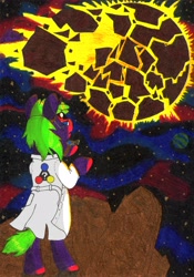 Size: 2449x3489 | Tagged: safe, artist:saxpony, oc, oc only, oc:space gaze, species:pony, species:unicorn, clothing, earth shattering kaboom, explosion, female, lab coat, mare, planet, space, traditional art
